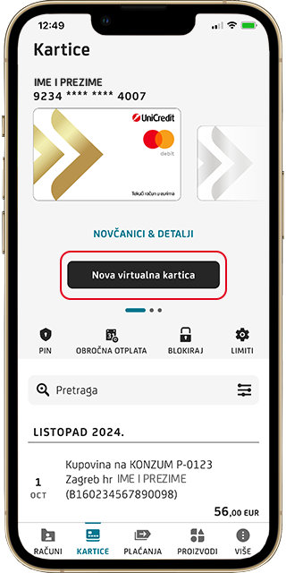 Prikaz jednokratne virtualne kartice u m-zabi