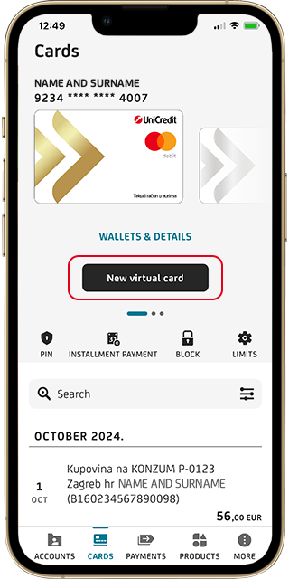 Display of a one-time virtual card in m-zaba