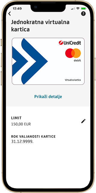 Prikaz prednje strane jednokratne virtualne kartice u m-zabi
