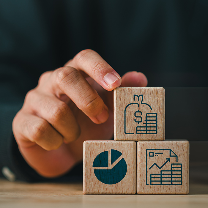Financial planning and business analytics represented with charts and report icons